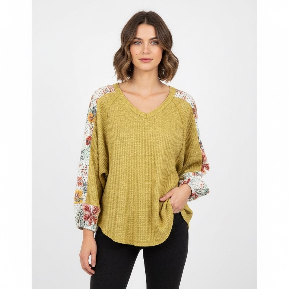 Chrysanthemum Mustard Sweater with Floral Sleeves